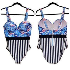 CUPSHE Blue Hibiscus Floral Stripe One Piece Swimsuit Sz OX (14) New with Tags
